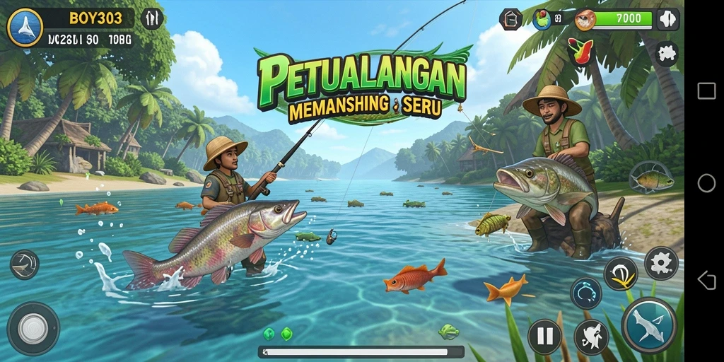 Screenshot gameplay BOY303 menampilkan momen mendebarkan saat menangkap ikan besar.
