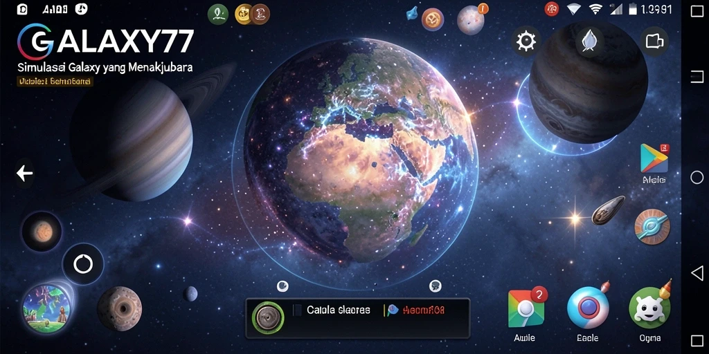 Tampilan gameplay menakjubkan GALAXY77 dengan pesawat luar angkasa berlatarkan bintang.