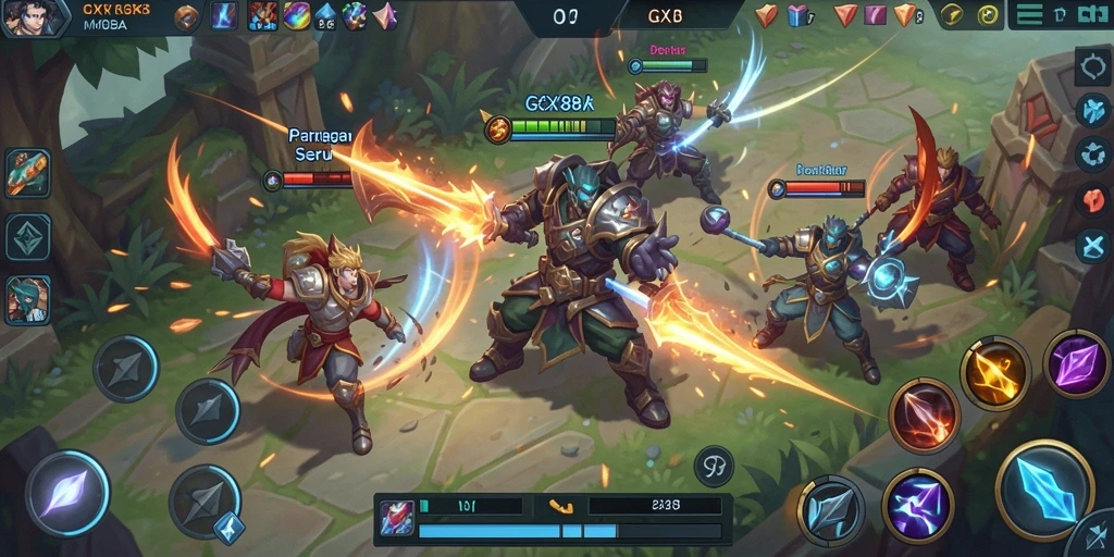 Screenshot GX88 menampilkan pertarungan seru dan karakter unik dalam game MOBA.