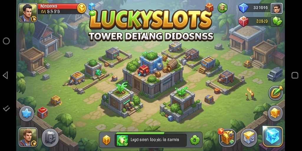 Screenshot gameplay <strong>LUCKYSLOTS</strong> menampilkan aksi seru dalam pertempuran Tower Defense.