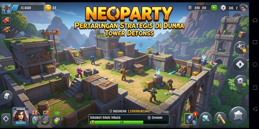 Tampilan gameplay NEOPARTY yang seru dalam pertempuran Tower Defense.