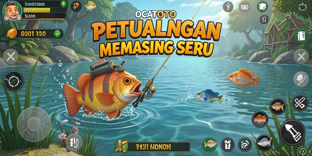 Screenshot gameplay OCATOTO menunjukkan aksi memancing yang mendebarkan.