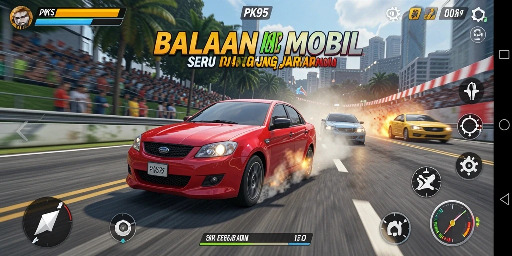 Gameplay PK95 menunjukkan aksi balapan mobil yang mendebarkan.