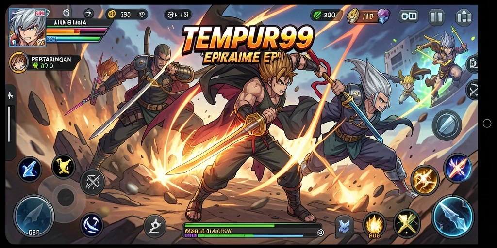 Tampilan gameplay TEMPUR99 menampilkan pertarungan dinamis karakter Anime.
